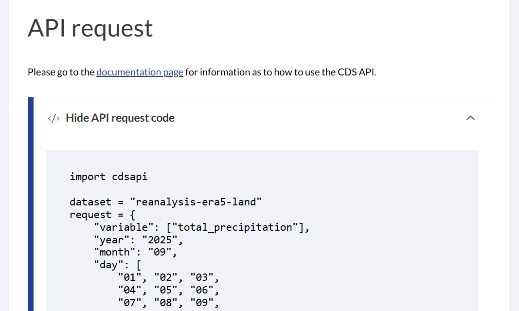 Screenshot of CDS API Request Parameters Page