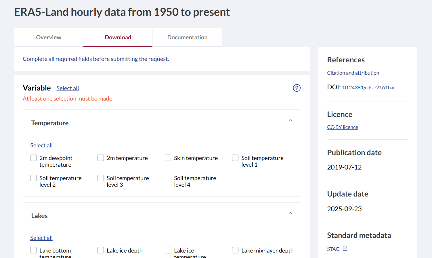 Screenshot of CDS ERA5-Land download page