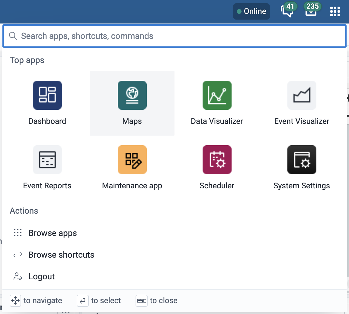 Select Maps from the app menu in the DHIS2 header bar.