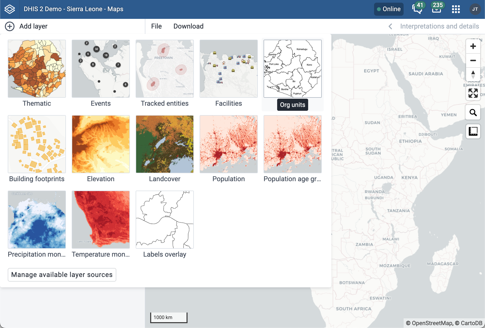 In DHIS2 Maps, click on Add layer and Org units