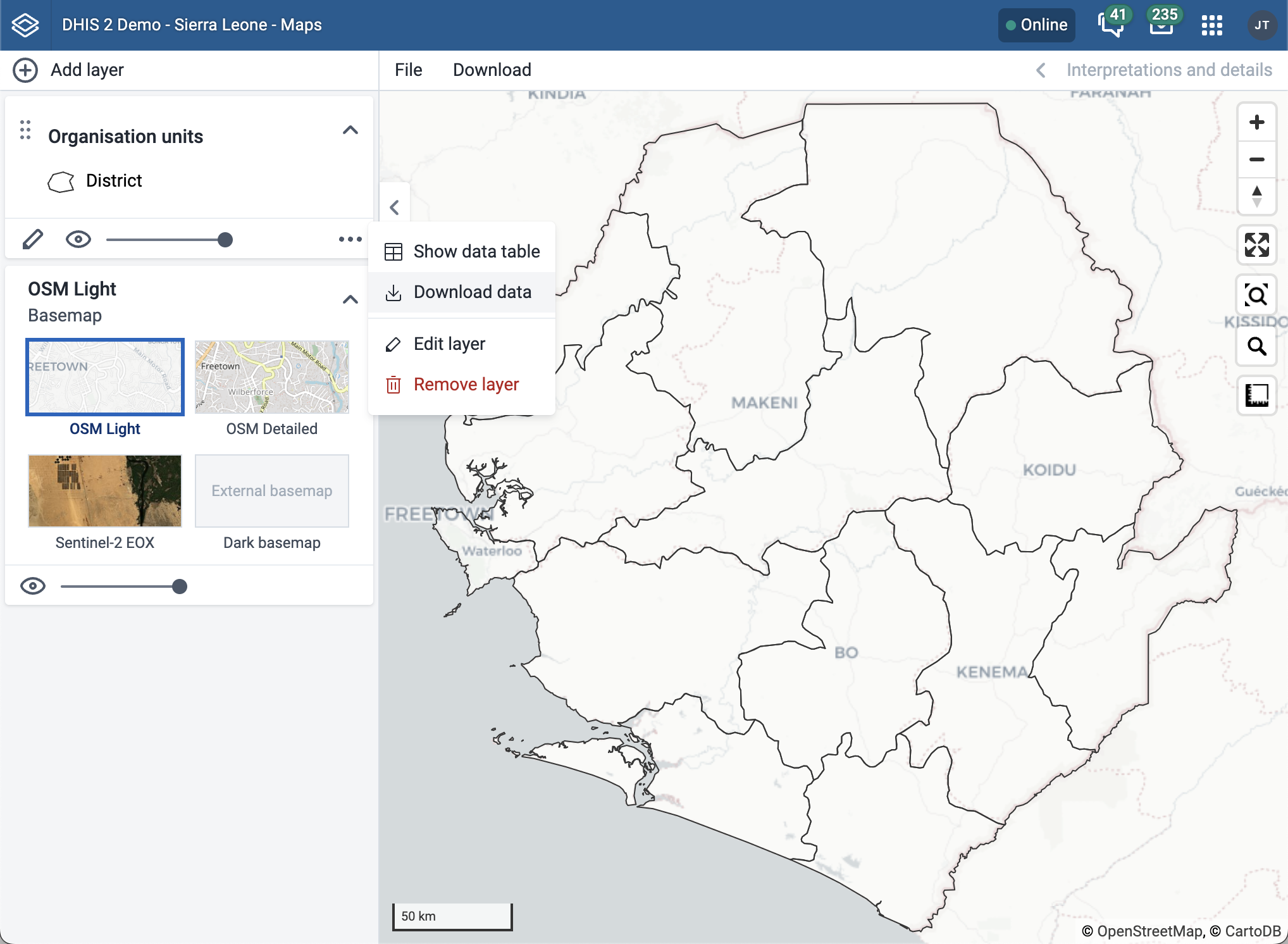 Select Download data under the More actions menu and confirm
that you want to download the data. The org units are downloaded as GeoJSON
with the file name “organisation units.geojson”. Rename the file if you want
to describe what it contains (e.g. “sierra-leone-districts.geojson”).