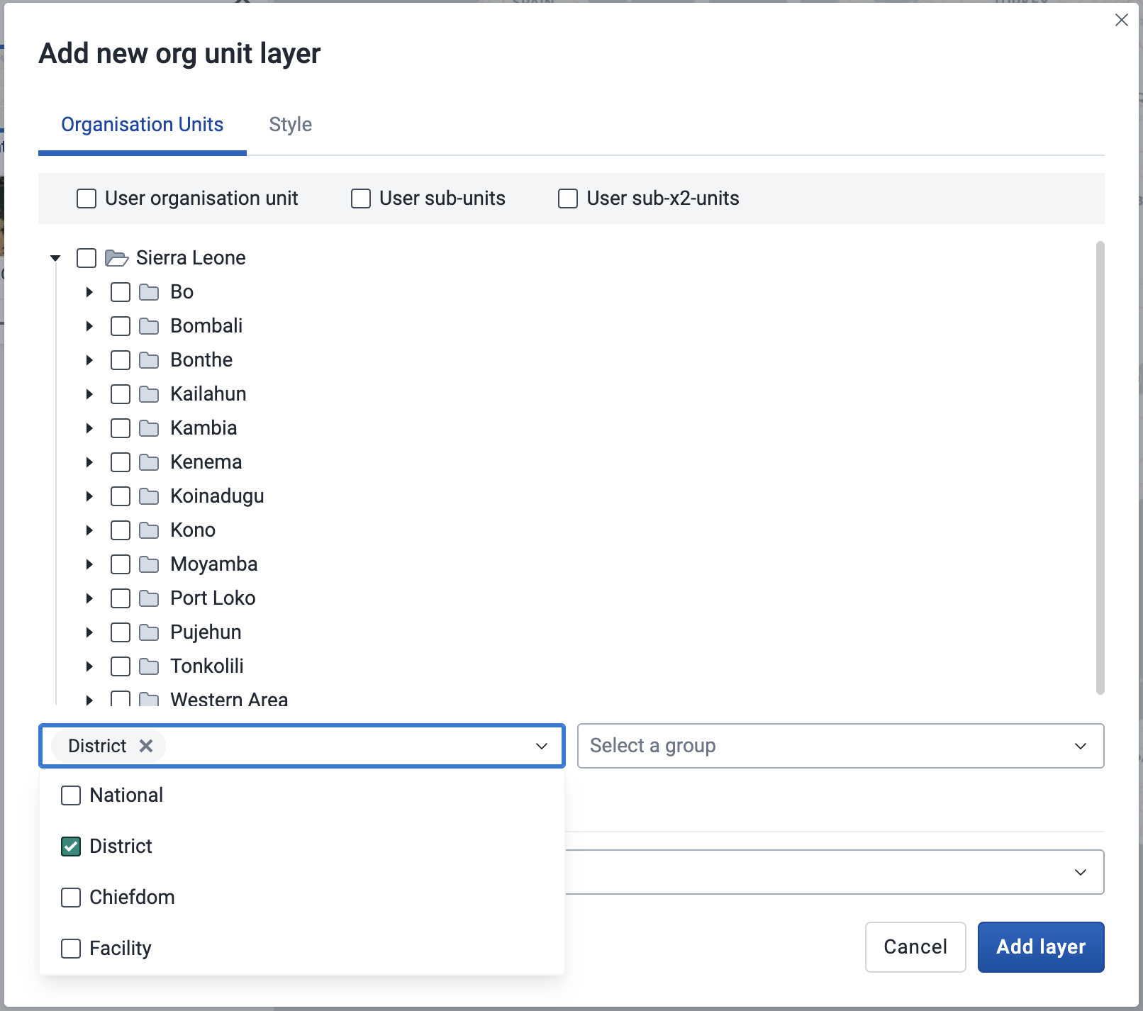 Select the org units you would like to download, e.g. the district level.
Click on Add layer.